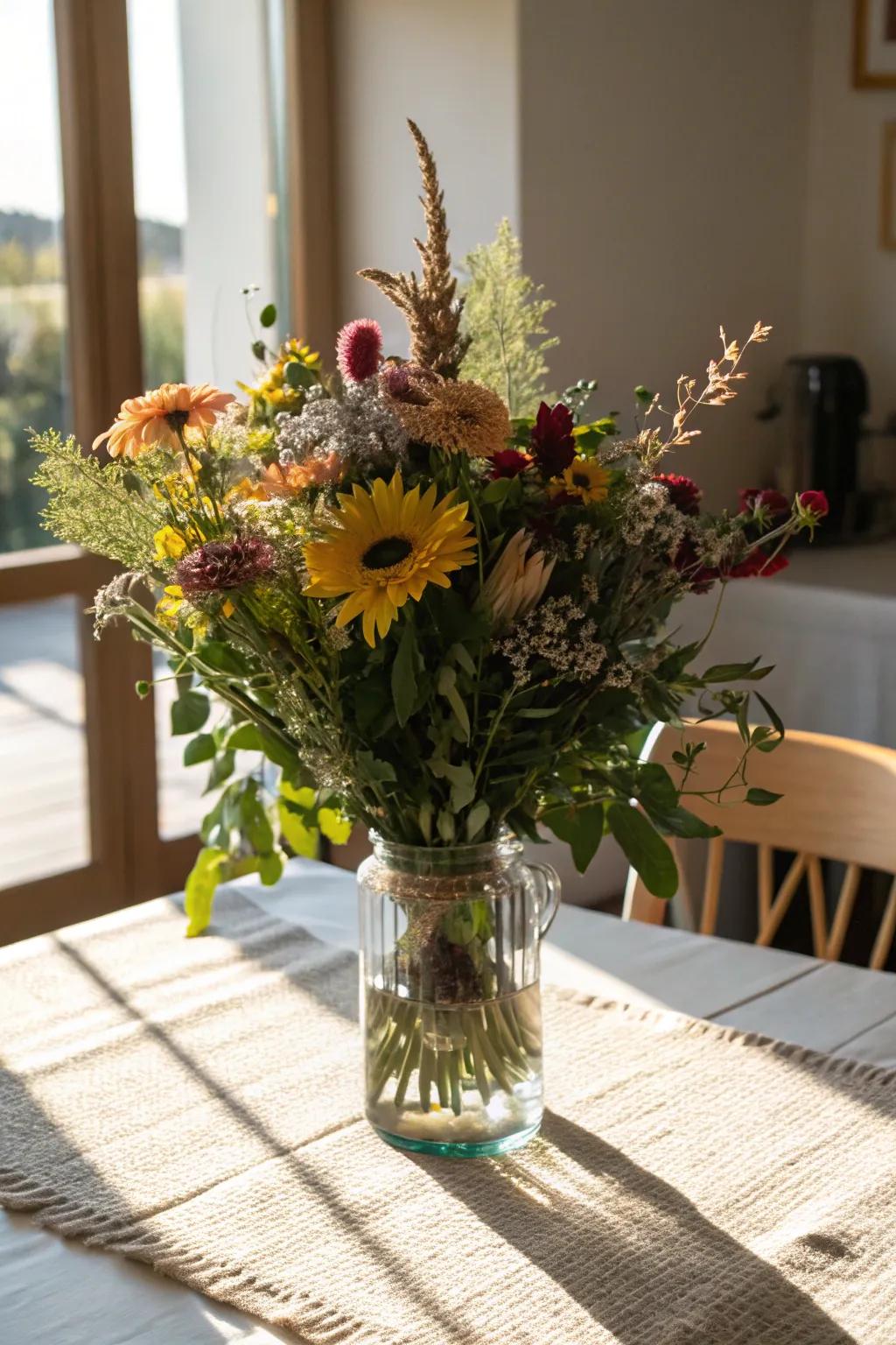 A mixed bouquet of fresh and dried flowers in a clear vase.