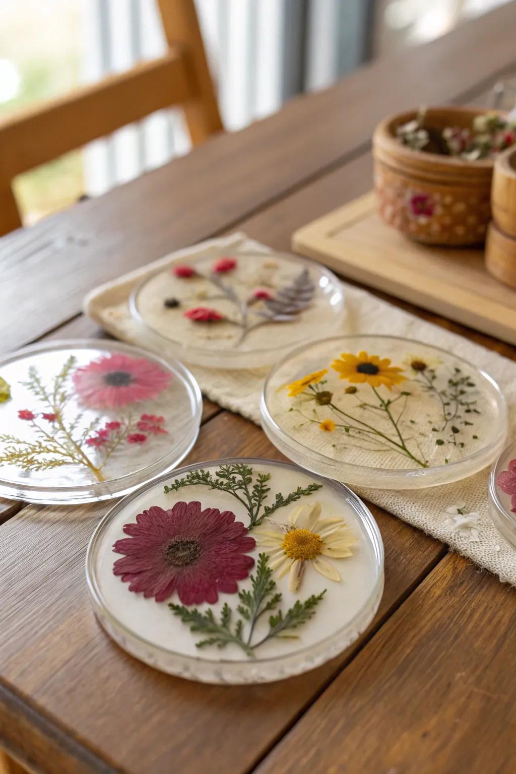 Resin coasters with embedded dried flowers.