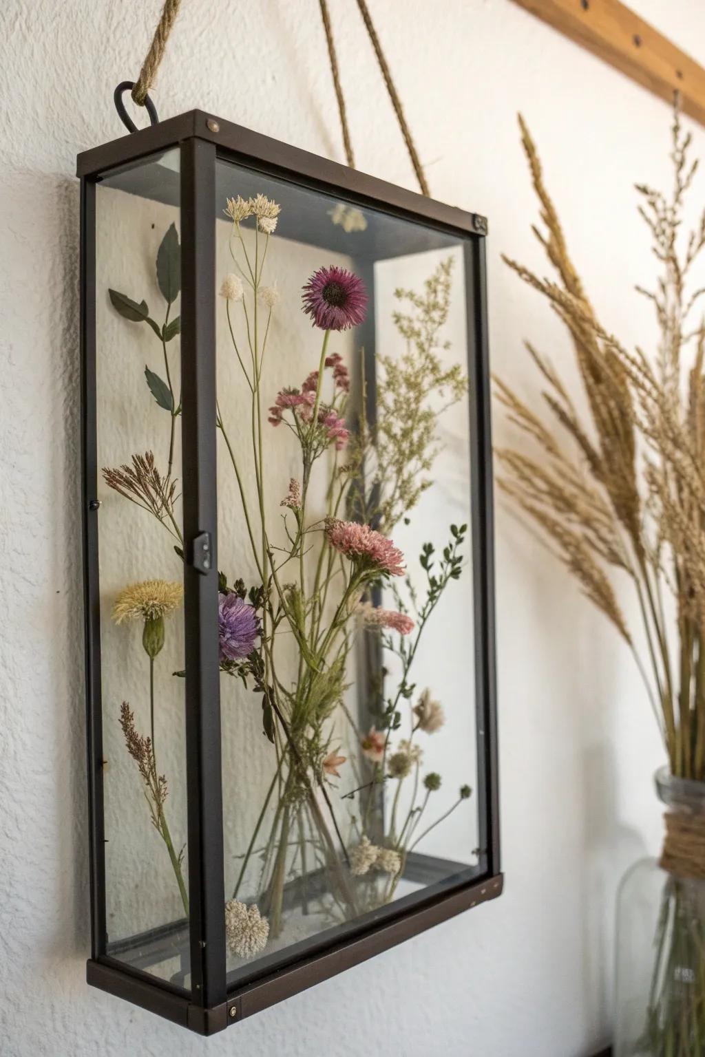 A shadow box with a dried flower arrangement.