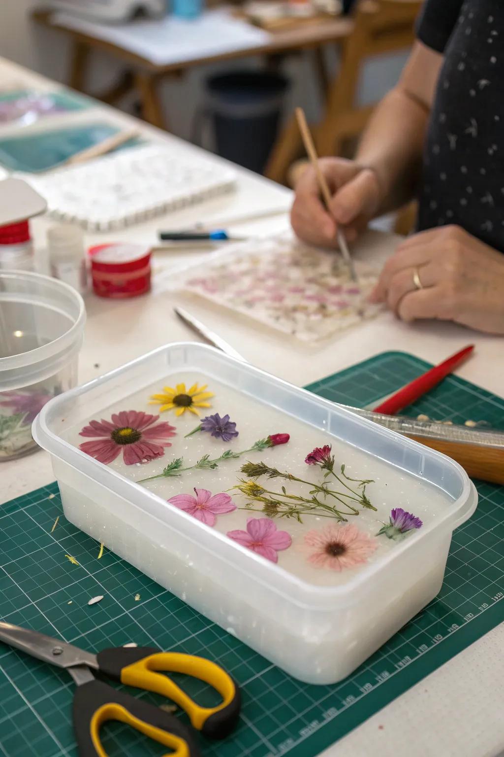 Flowers being dried in silica gel.