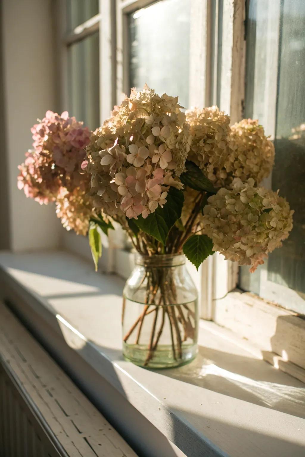 Hydrangeas drying naturally in a vase.