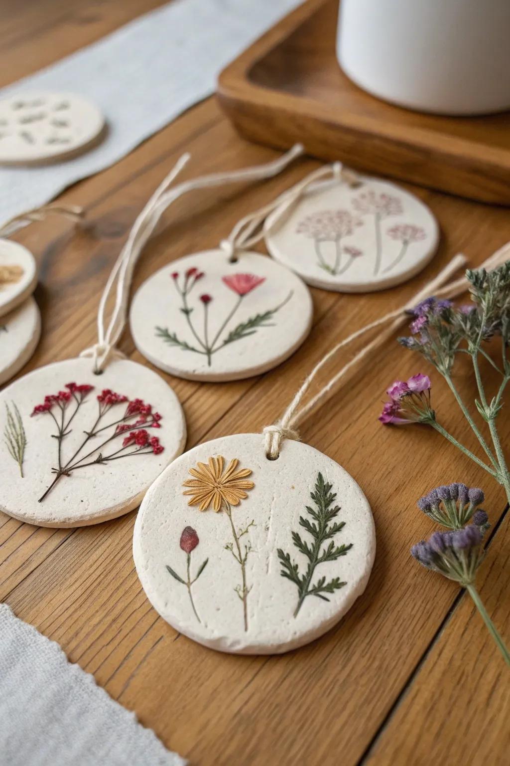 Clay ornaments with dried flower imprints.