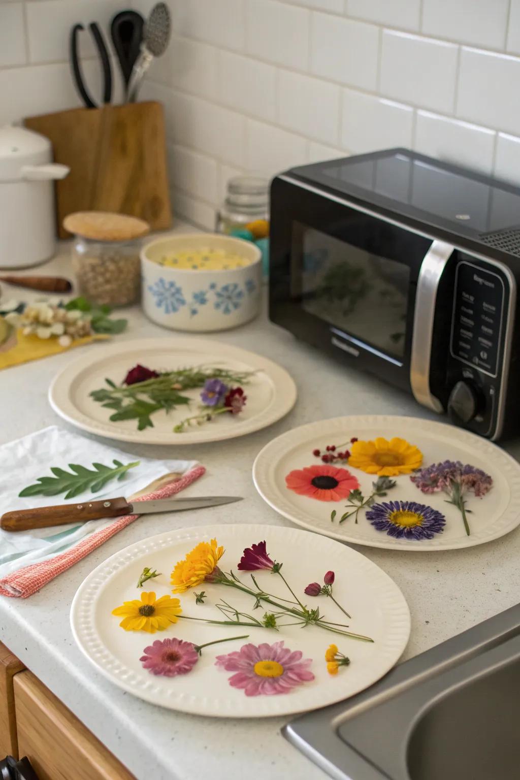 Setup for microwave flower pressing.