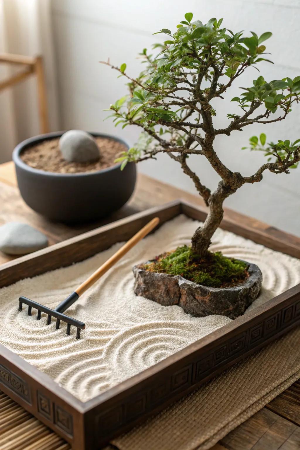 Create a Zen garden with your bonsai for a tranquil touch.