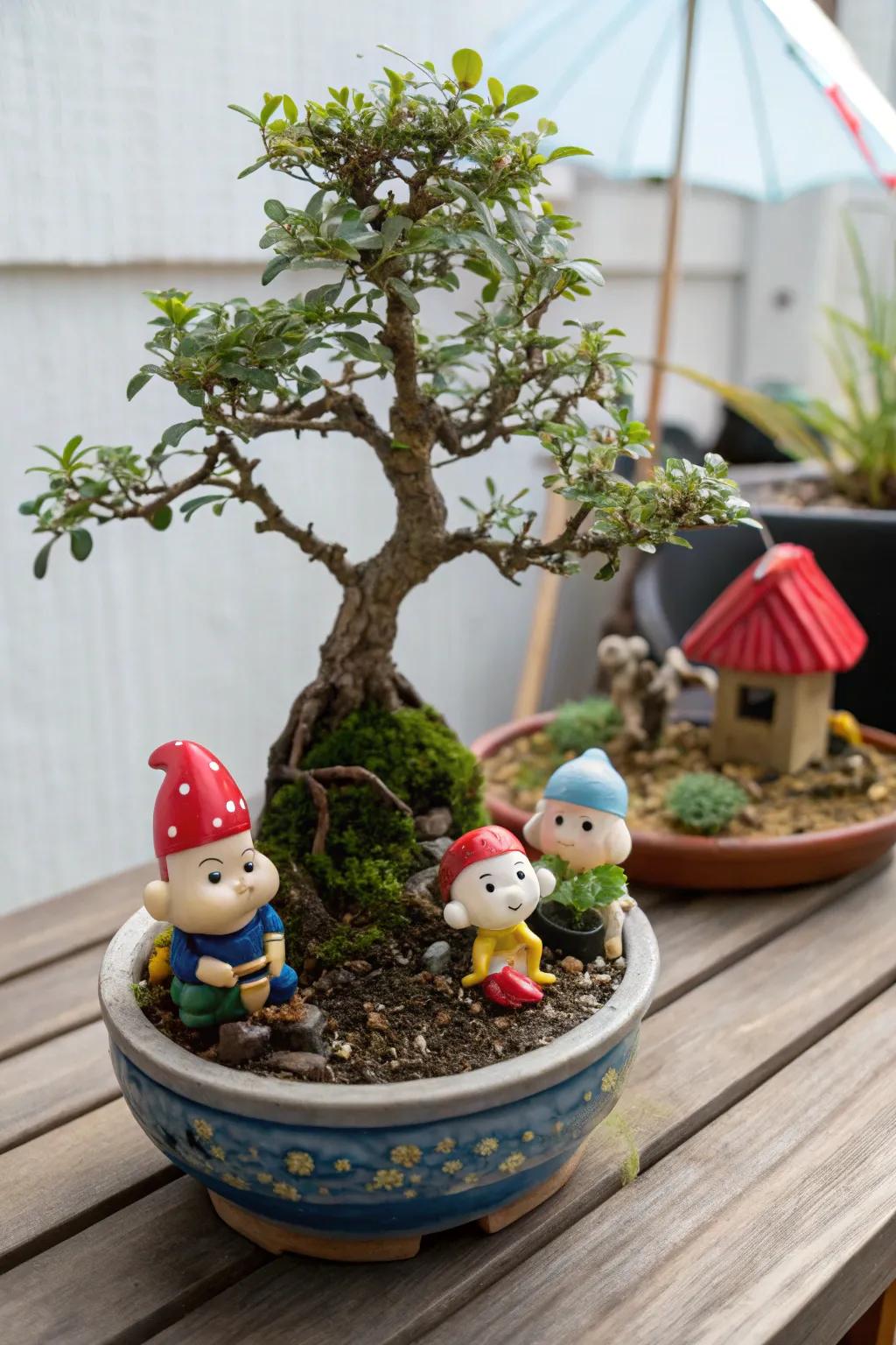 Add whimsical figurines for a playful bonsai display.