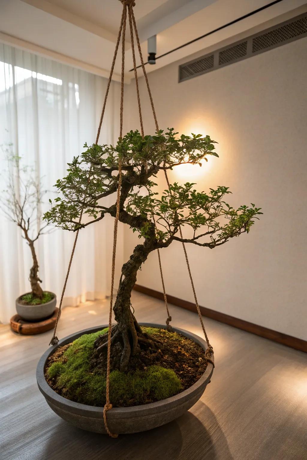 Experiment with hanging displays for your bonsai.
