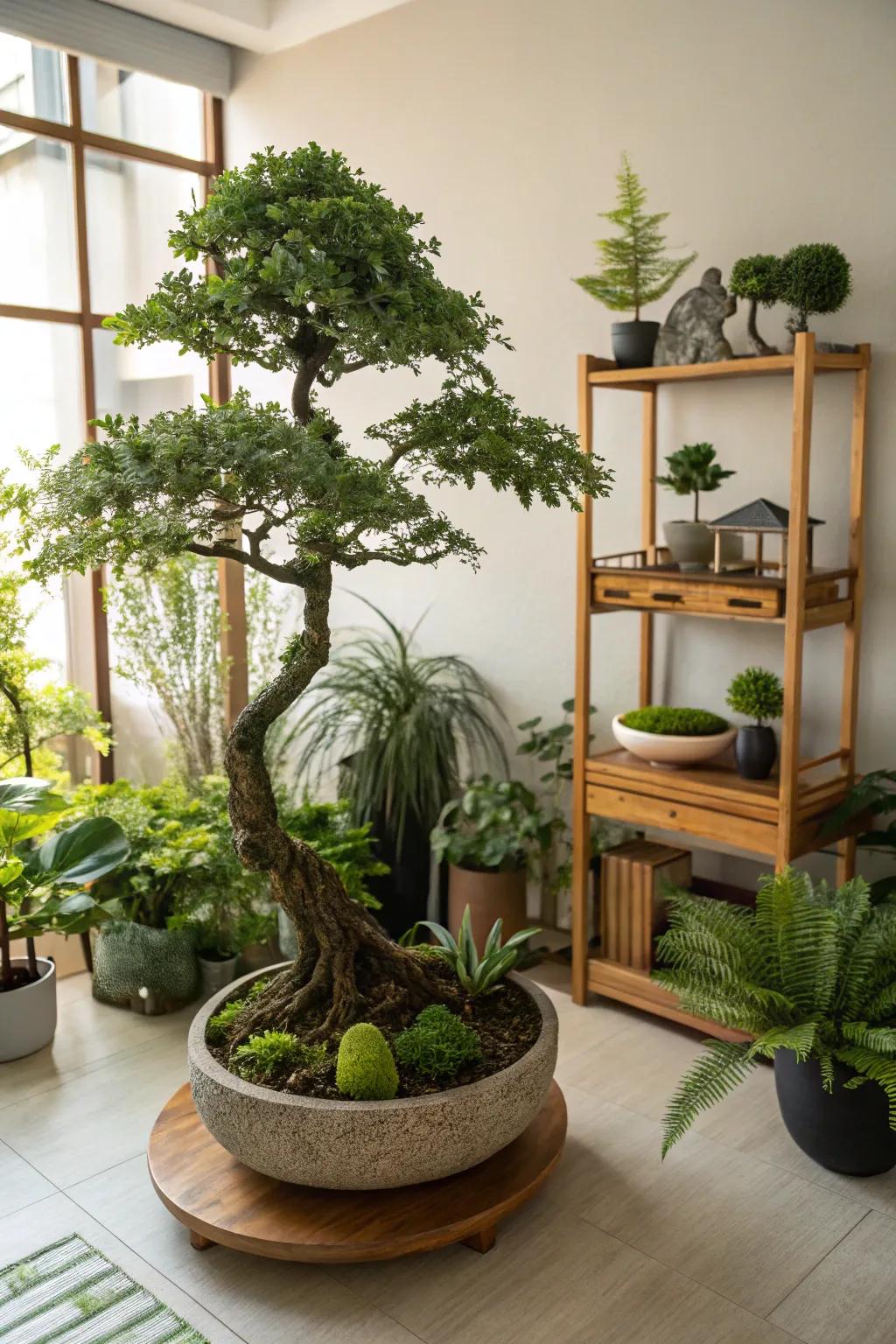 Create a lush indoor garden vibe with your bonsai.