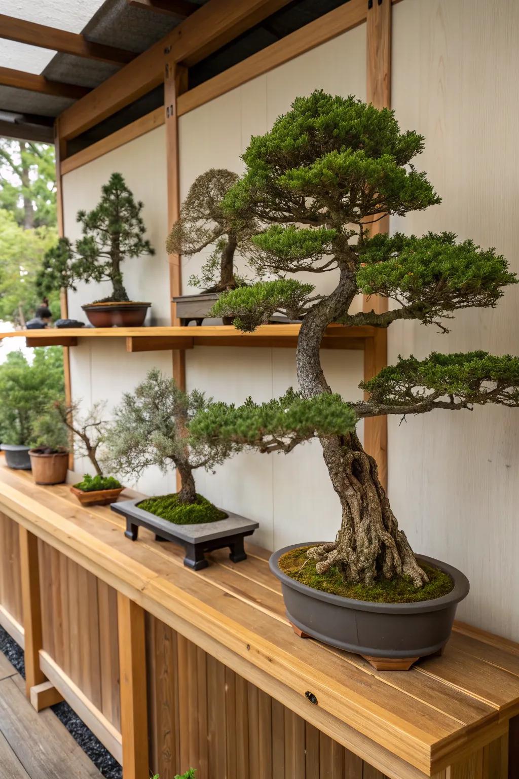 Create a dynamic display by mixing different bonsai species.