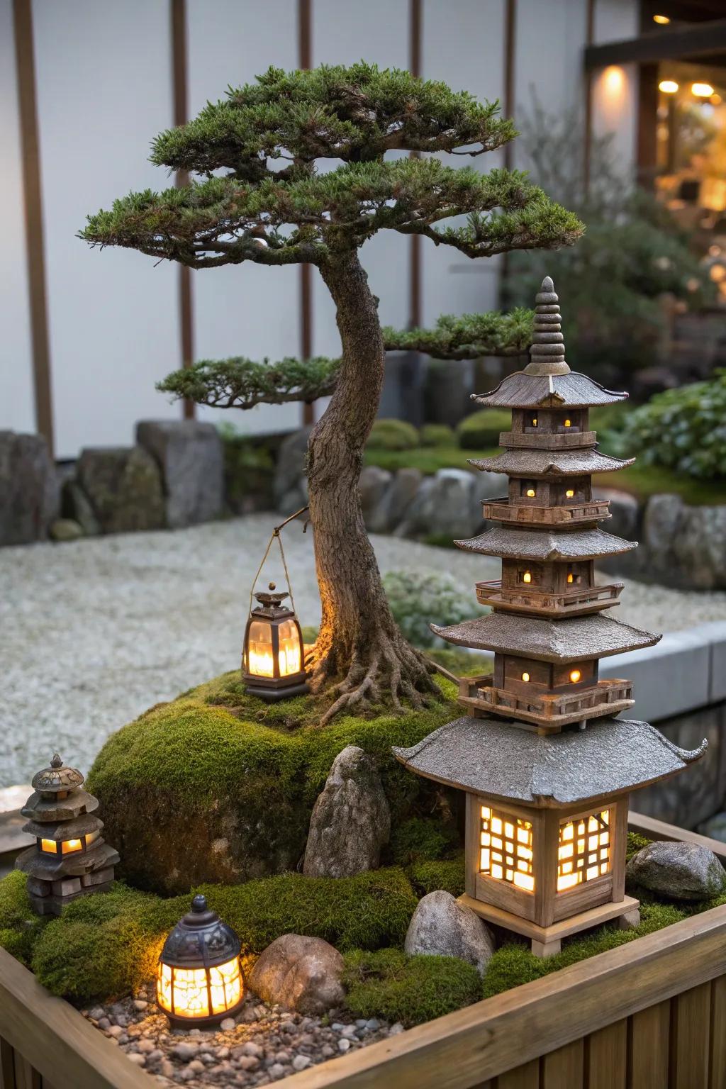 Enhance your bonsai with cultural elements like pagodas.