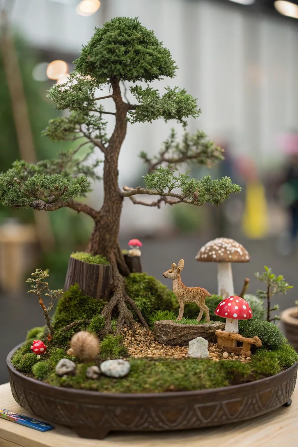 Create a themed bonsai scene with imaginative accessories.