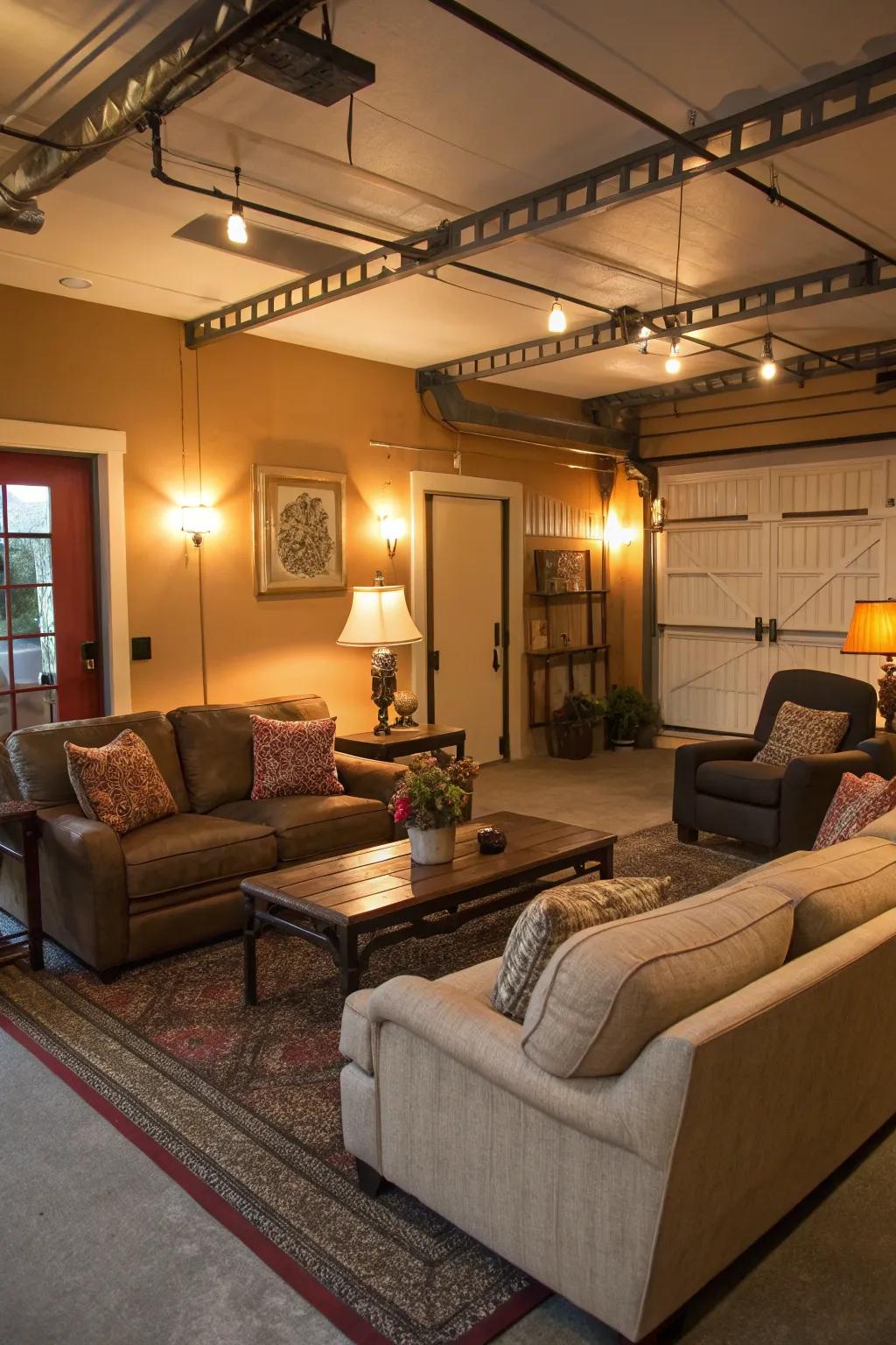 A cozy lounge area in a garage with inviting seating and warm ambiance.
