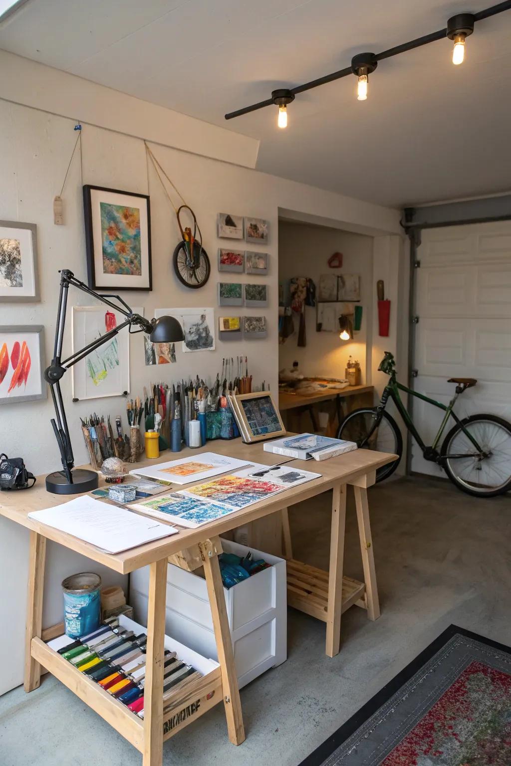 A vibrant garage corner repurposed as a personal art studio filled with creativity.