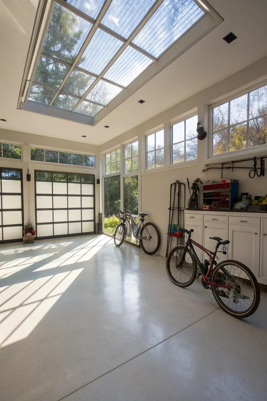 Sunlight streaming into a garage she shed through large windows and a skylight.
