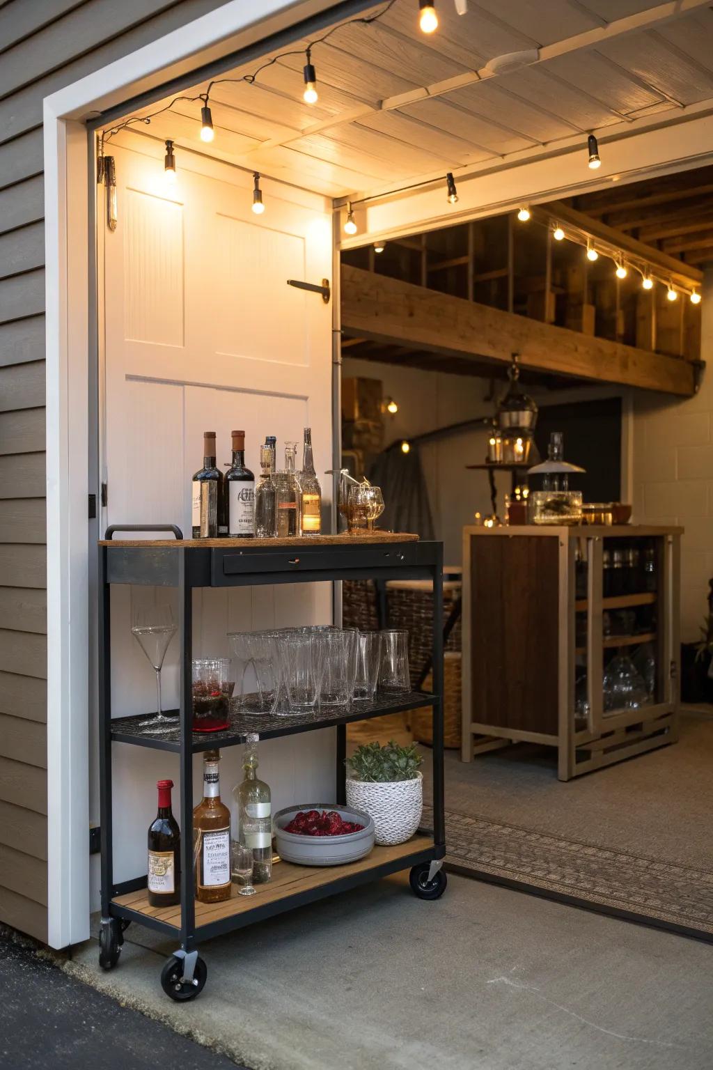 A chic mini bar area in a garage she shed, perfect for entertaining.