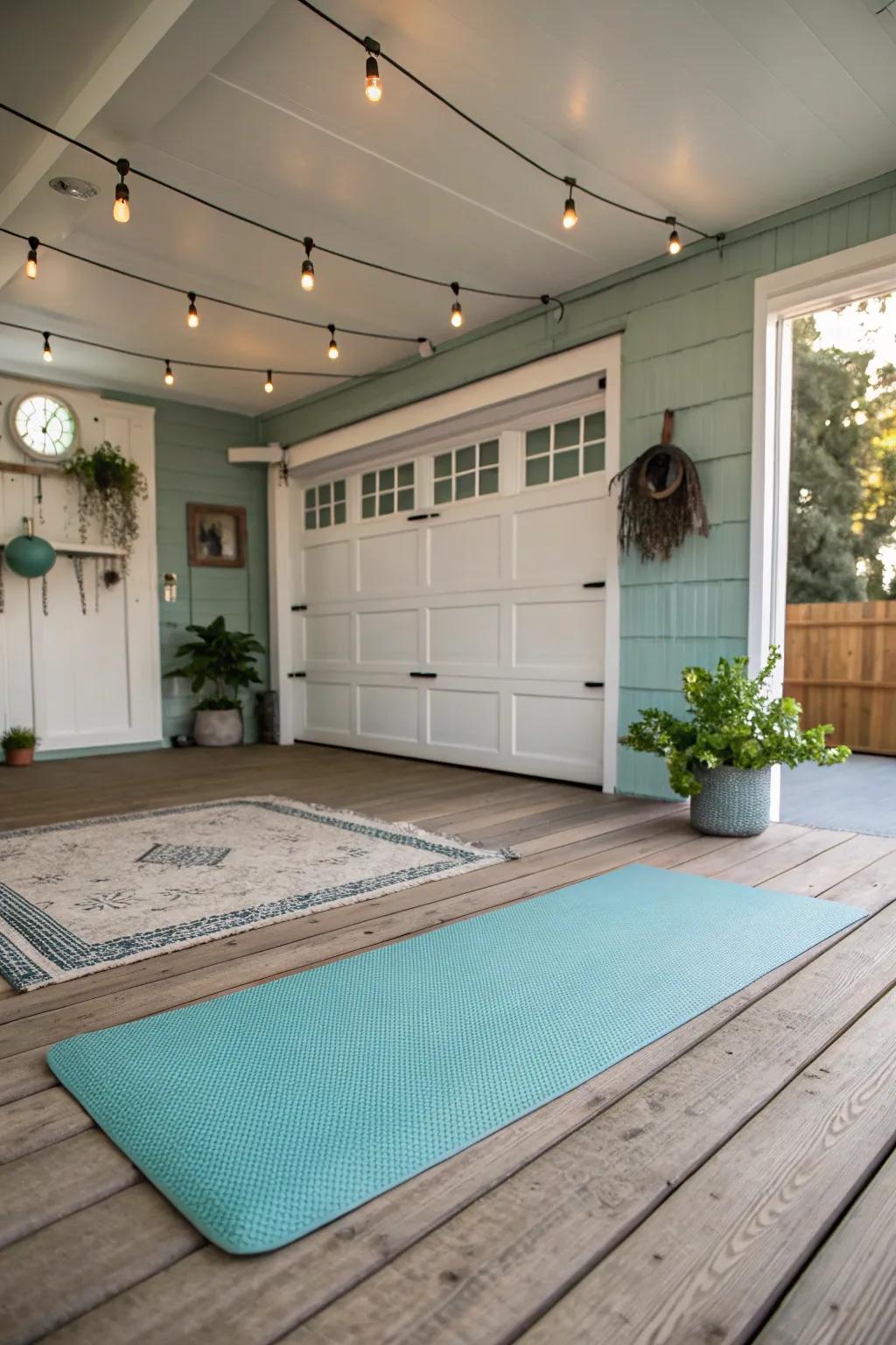 A tranquil yoga retreat within a garage she shed, perfect for relaxation.