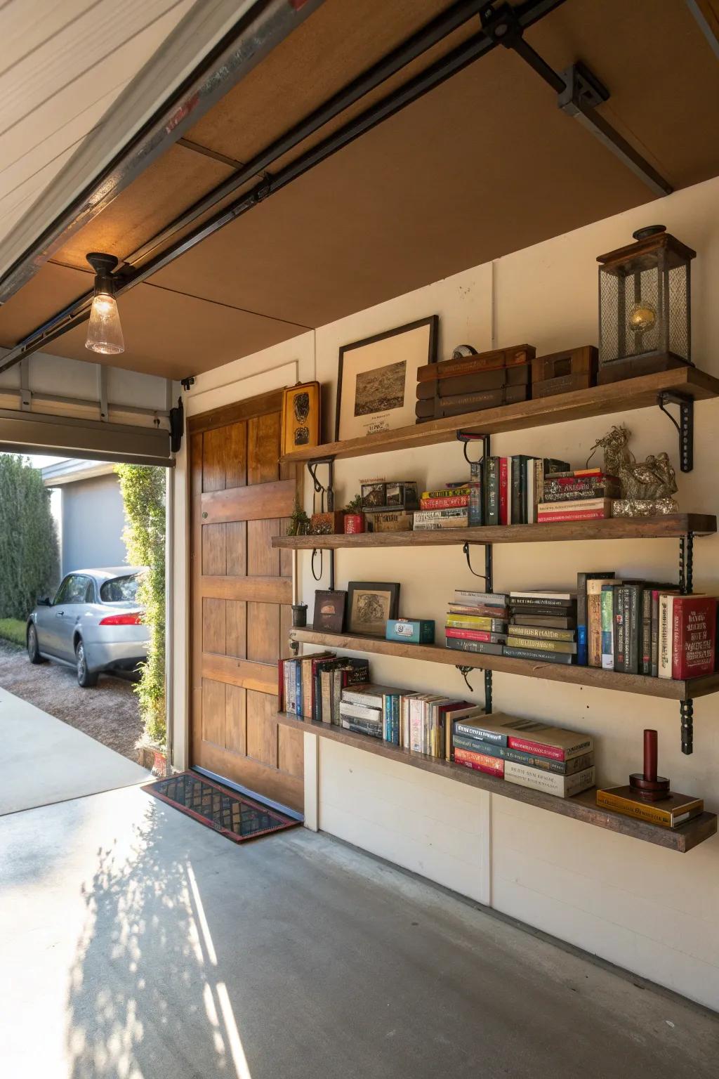 Stylish floating shelves in a garage she shed for storage and display.