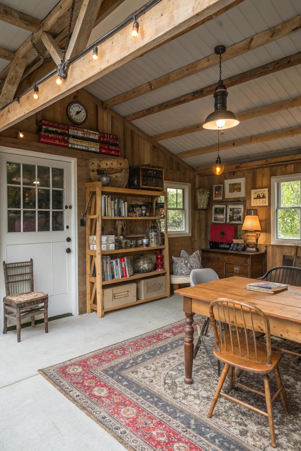 A rustic-themed garage she shed with warm, inviting decor.