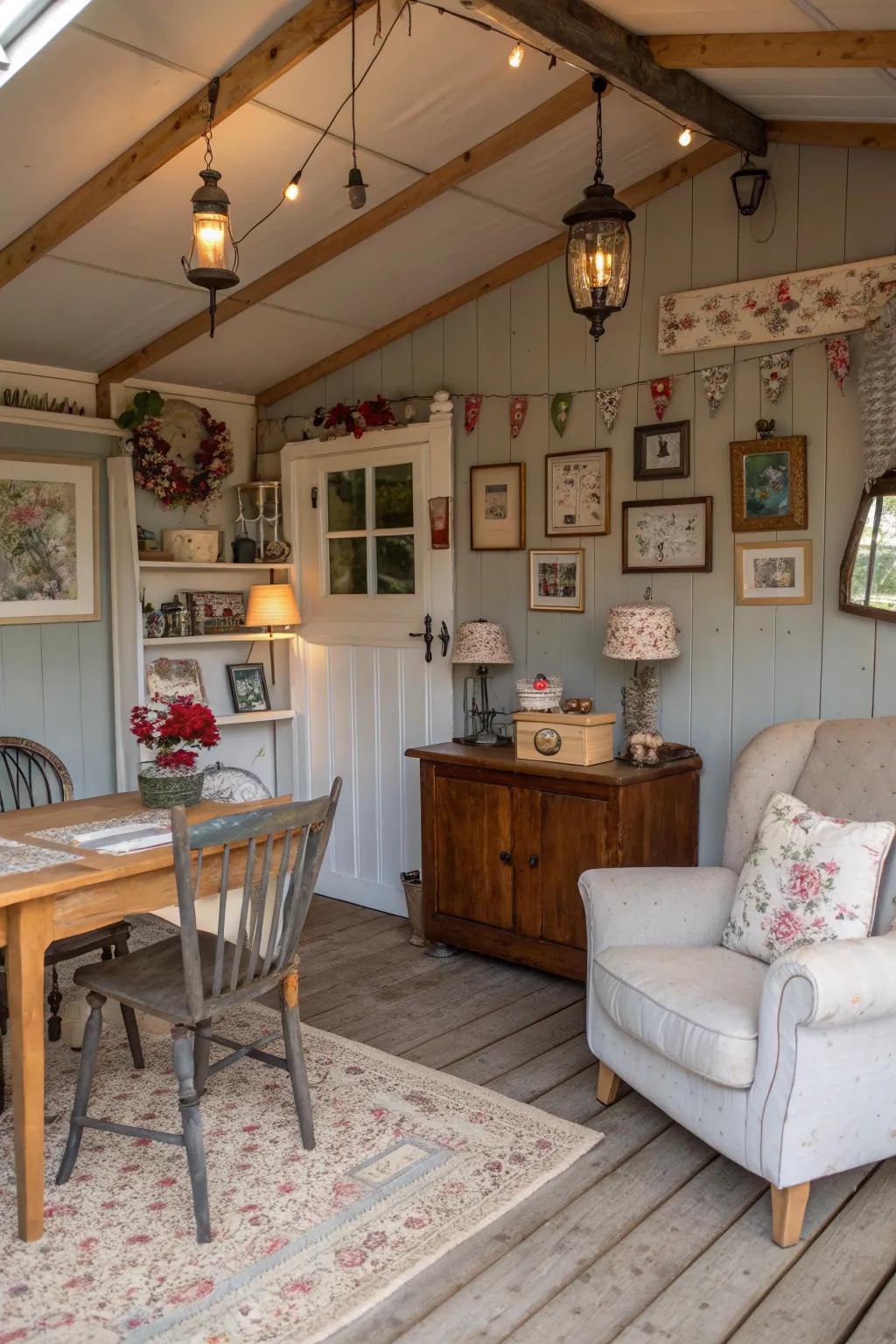 A charming garage she shed with vintage decor and timeless appeal.