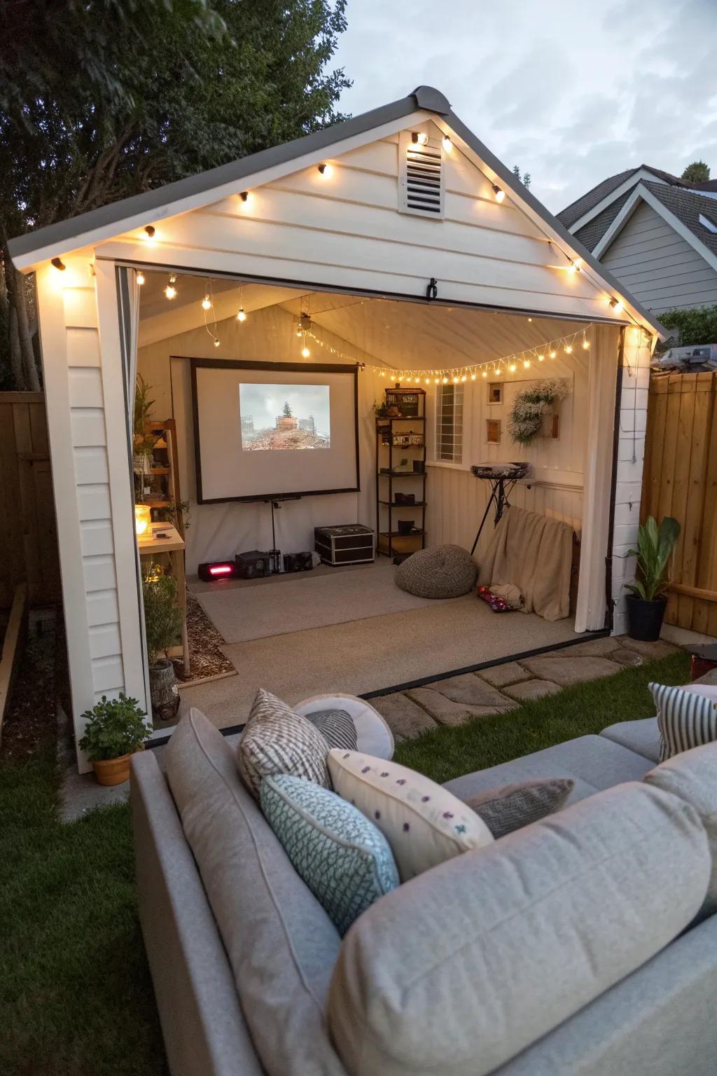A cozy movie night setup inside a garage she shed, perfect for film lovers.