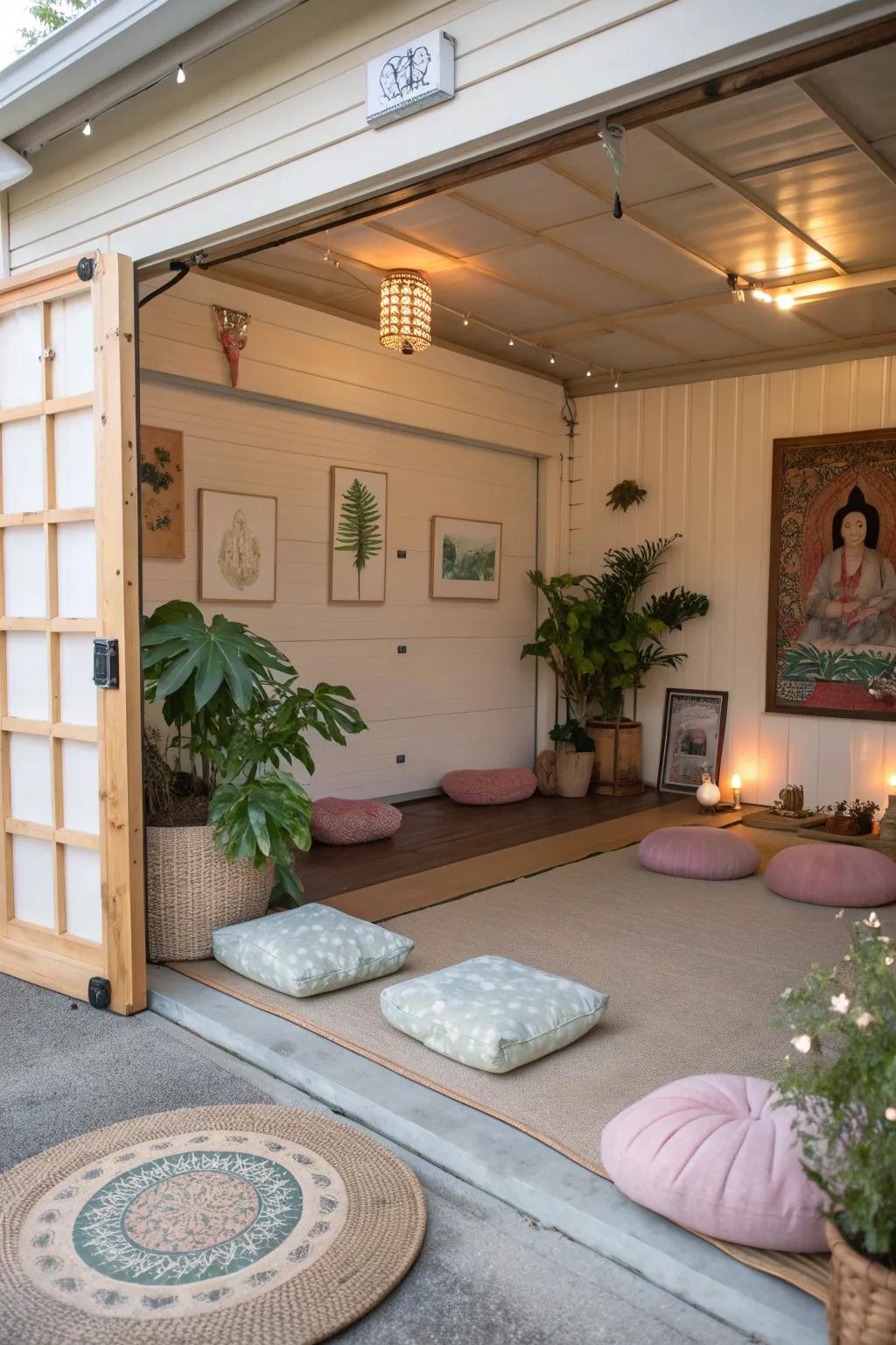 A serene meditation space within a garage she shed, designed for relaxation.
