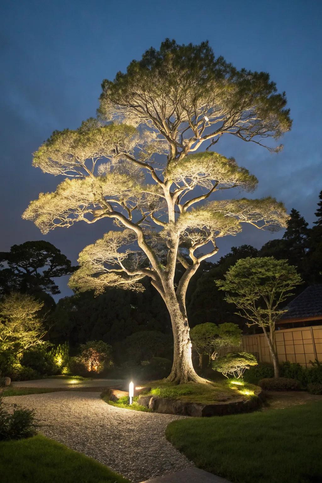 Make your favorite tree the star of your garden with accent lighting.