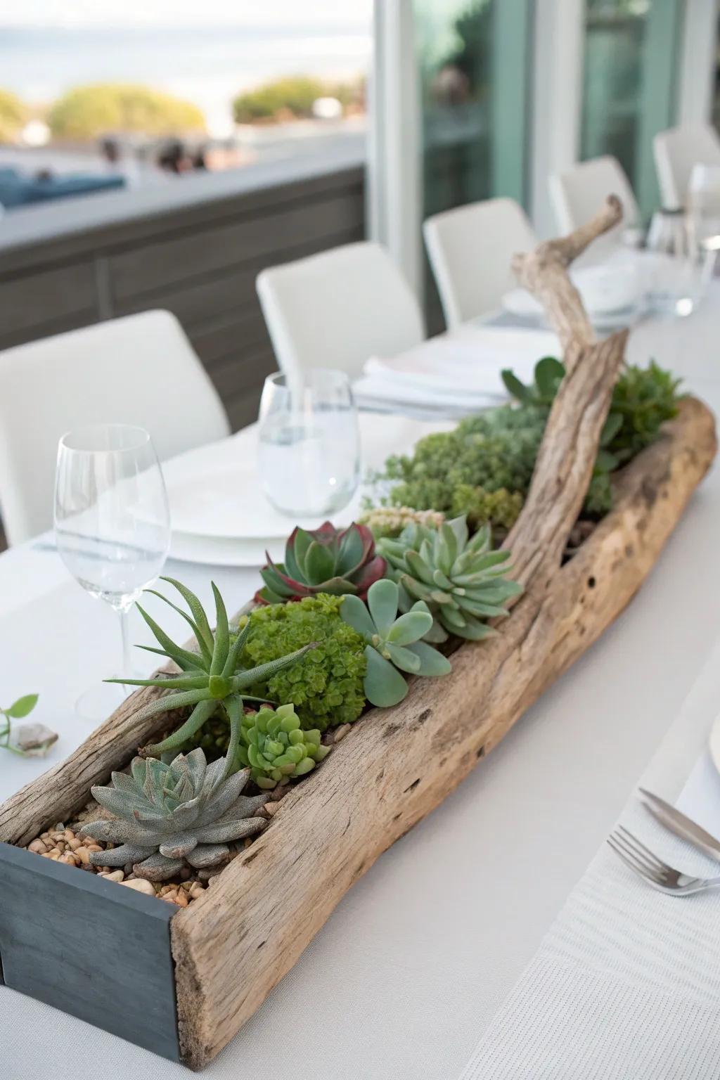 Driftwood and succulents create a harmonious centerpiece.