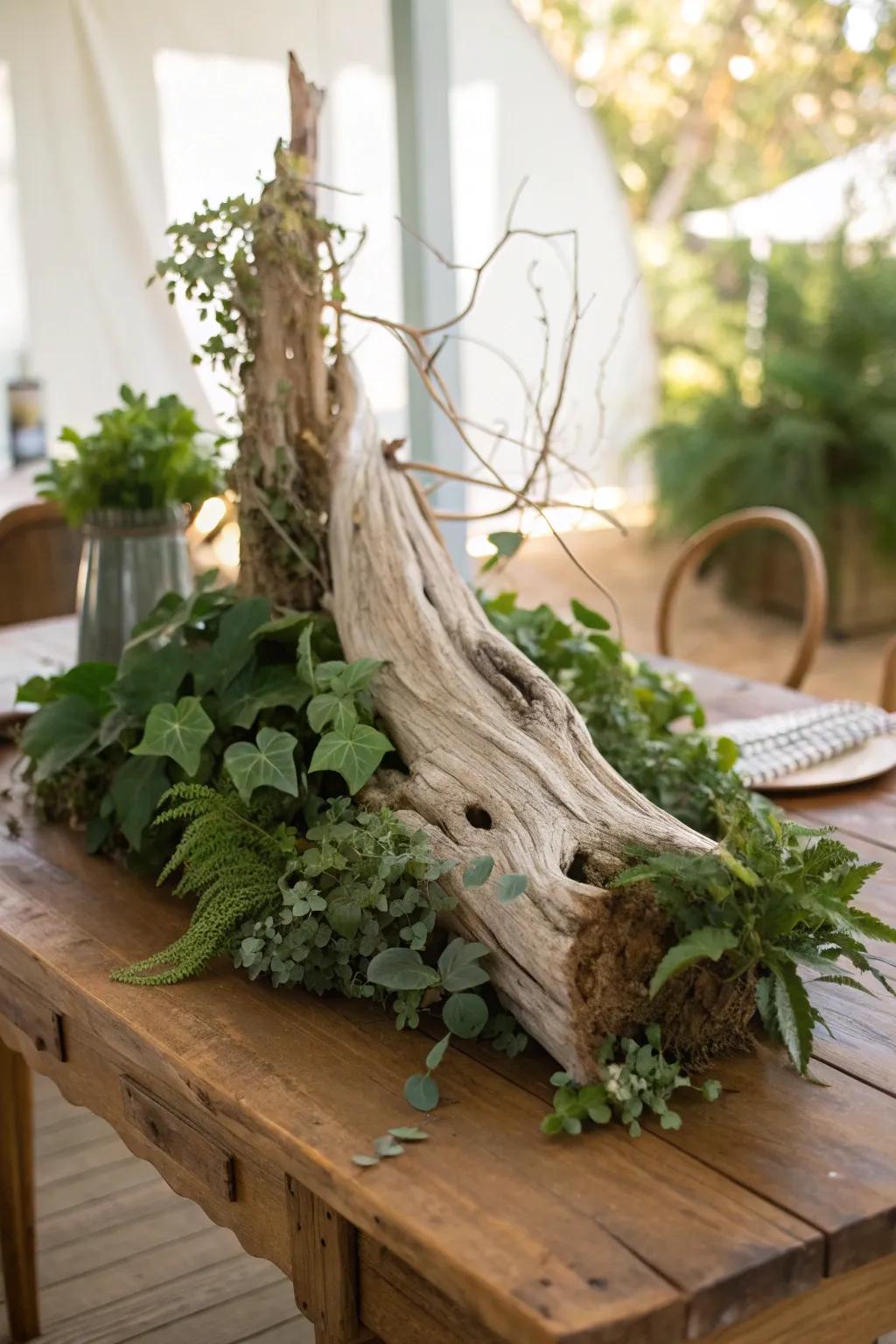 Rustic charm brought to life with driftwood and greenery.