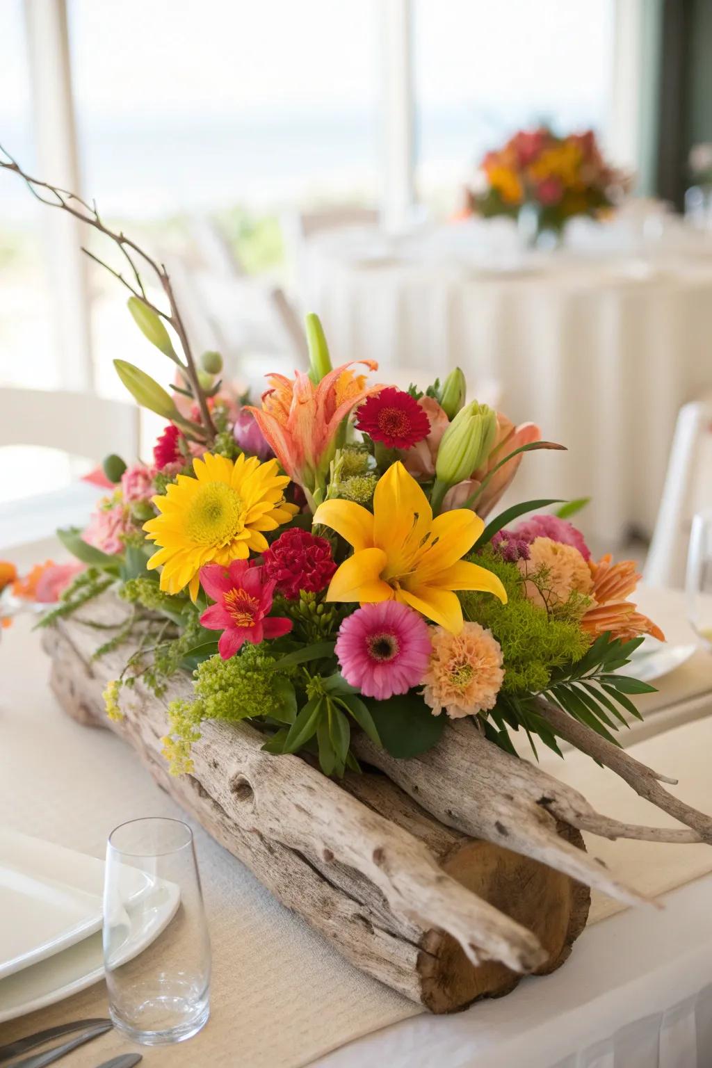 A floral fantasy with driftwood and bright blooms.