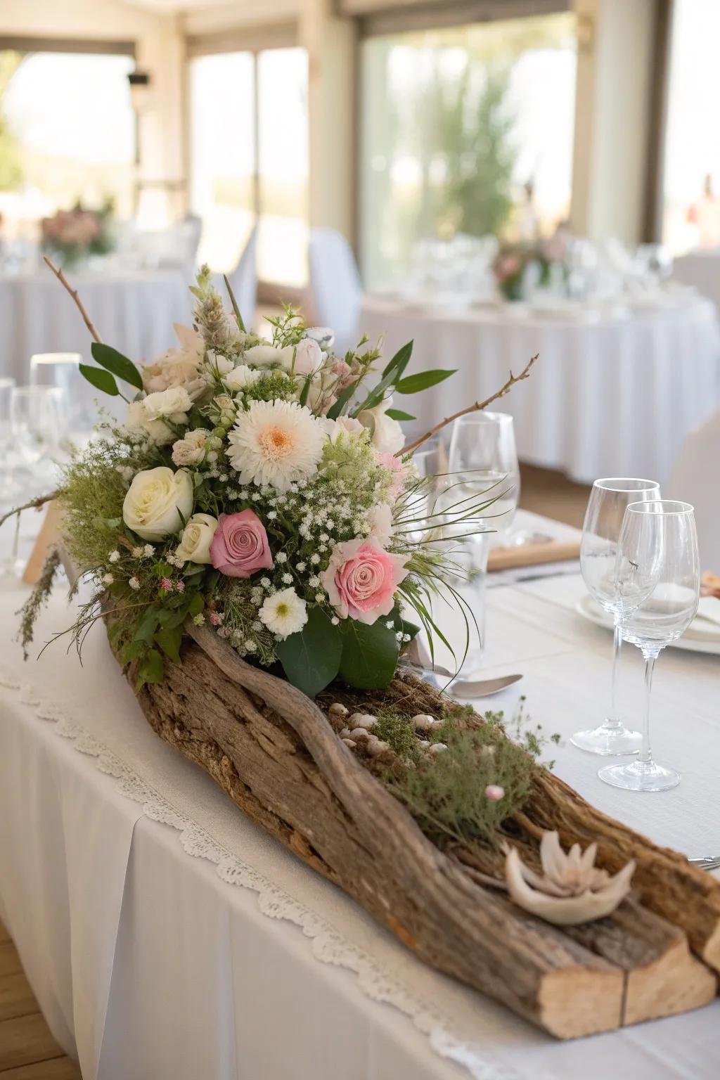 Add elegance to wedding tablescapes with driftwood.