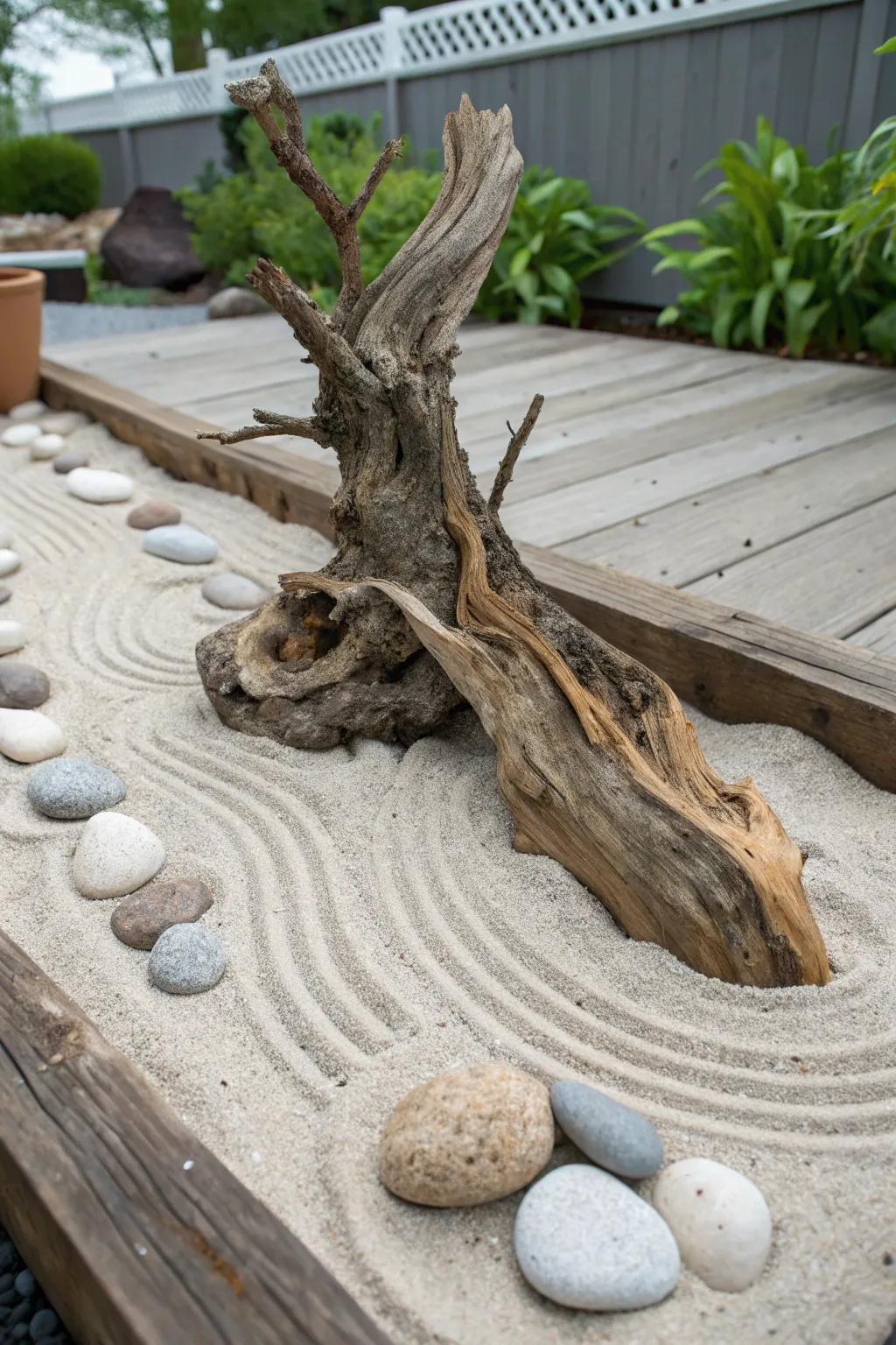 Bring tranquility indoors with a zen garden driftwood centerpiece.