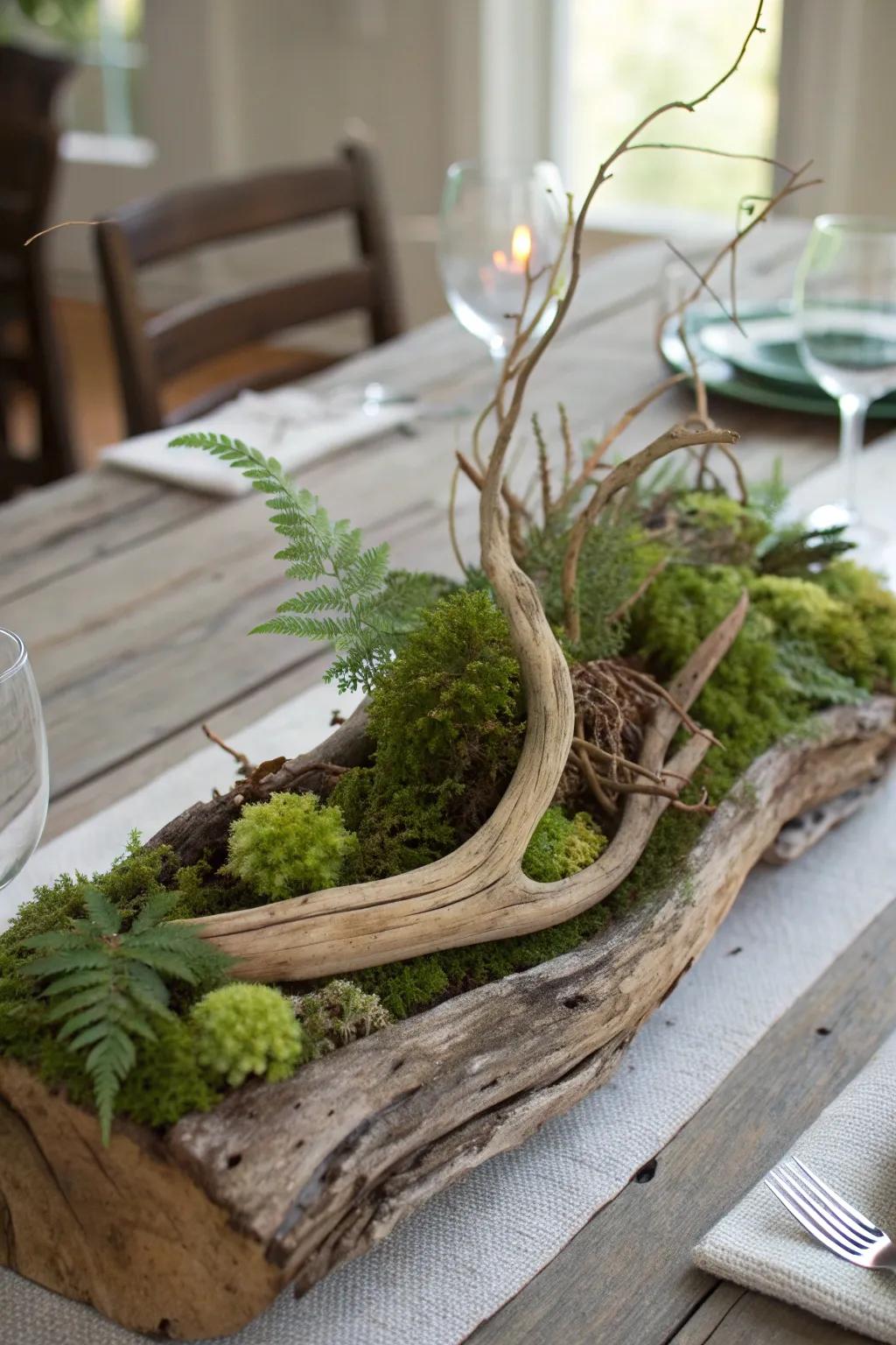 Bring the forest indoors with driftwood and moss.