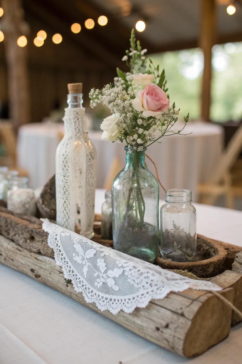 Blend nostalgia and nature with a vintage driftwood centerpiece.