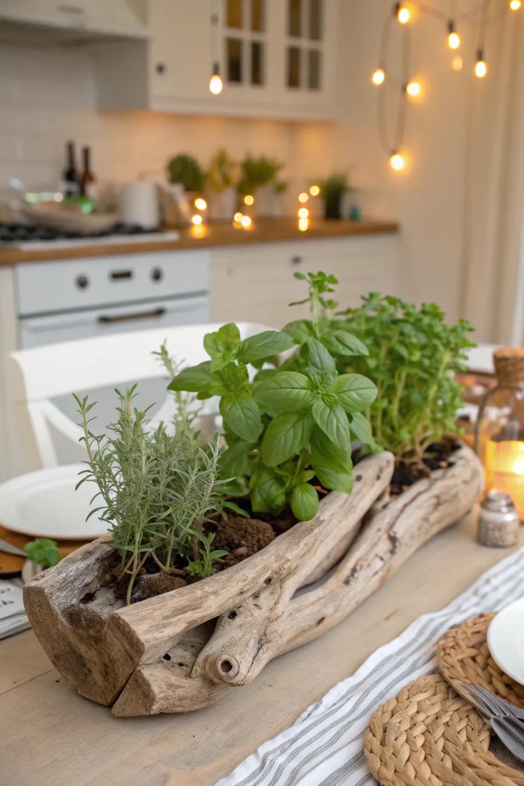 Bring fragrance and function with a driftwood herb garden.