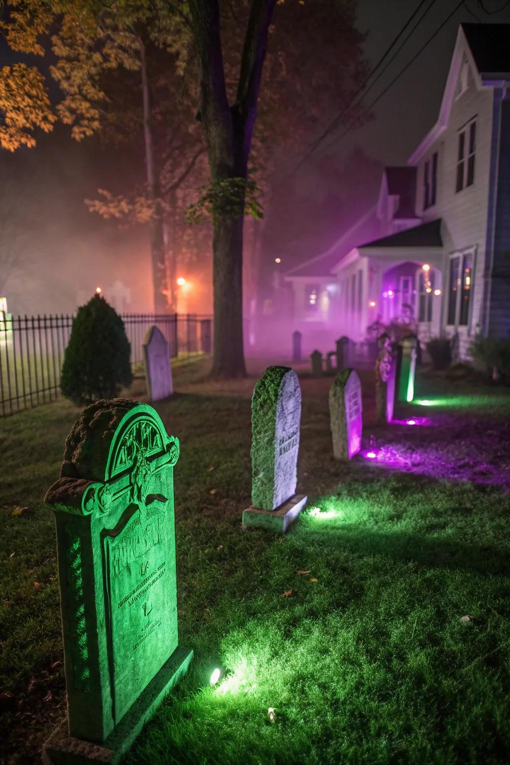 Create a chilling graveyard scene with colorful lighting.