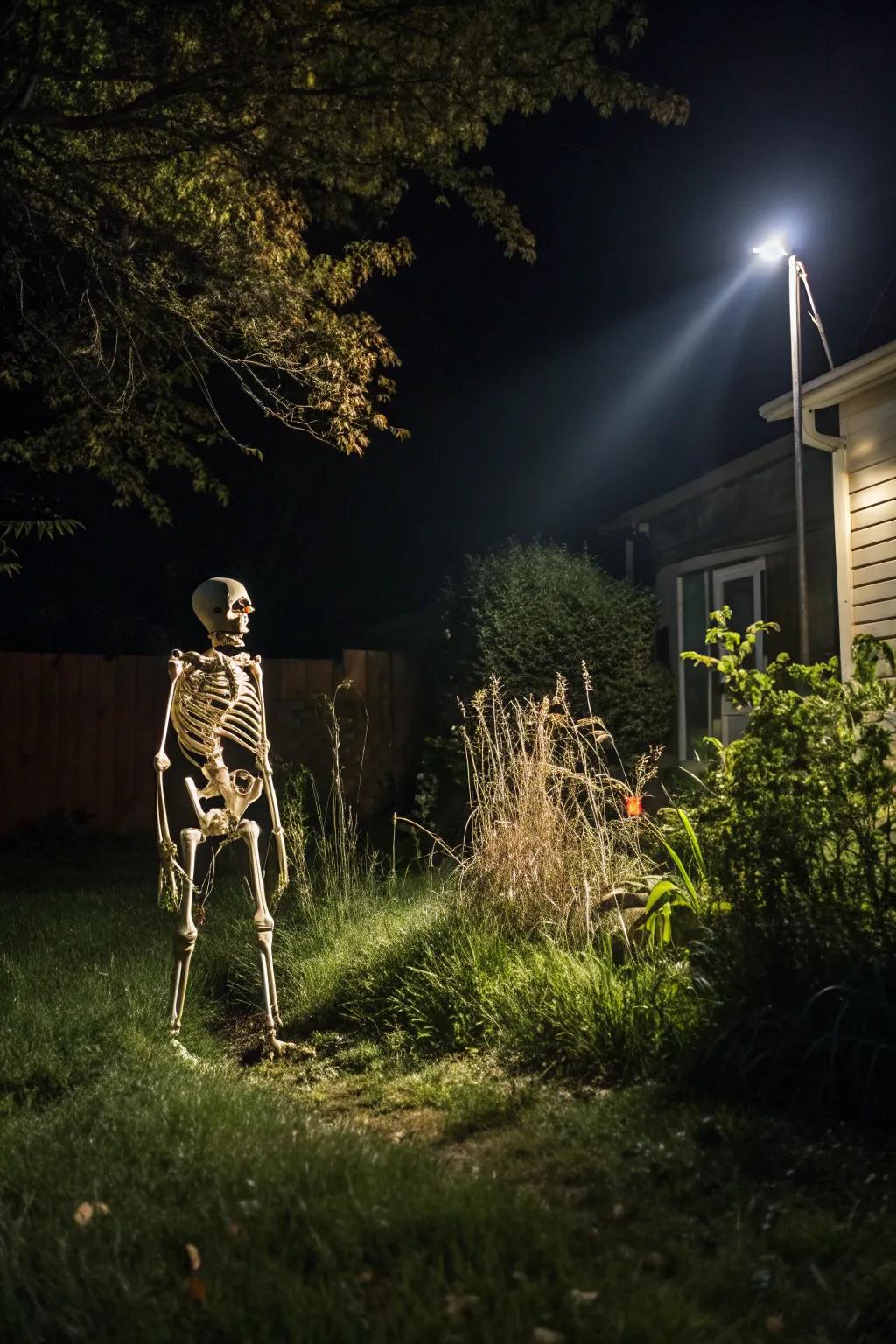Create a spine-chilling scene with a cleverly lit skeleton.
