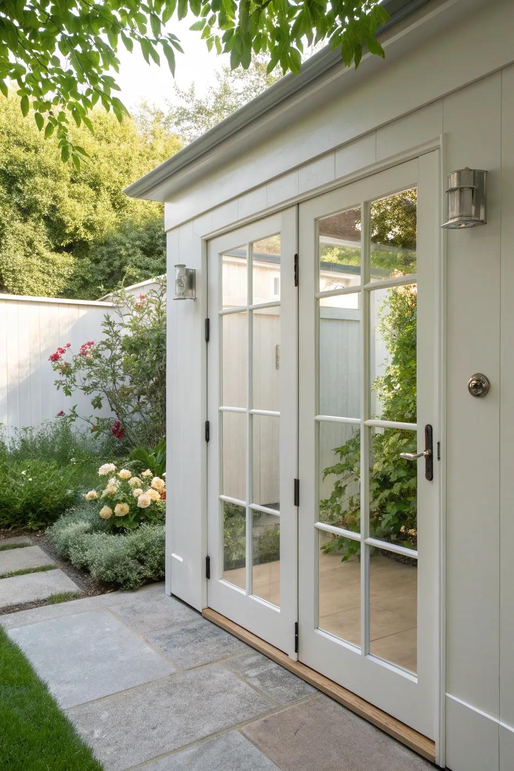 Elegant glass panels on a shed door, merging style with functionality.
