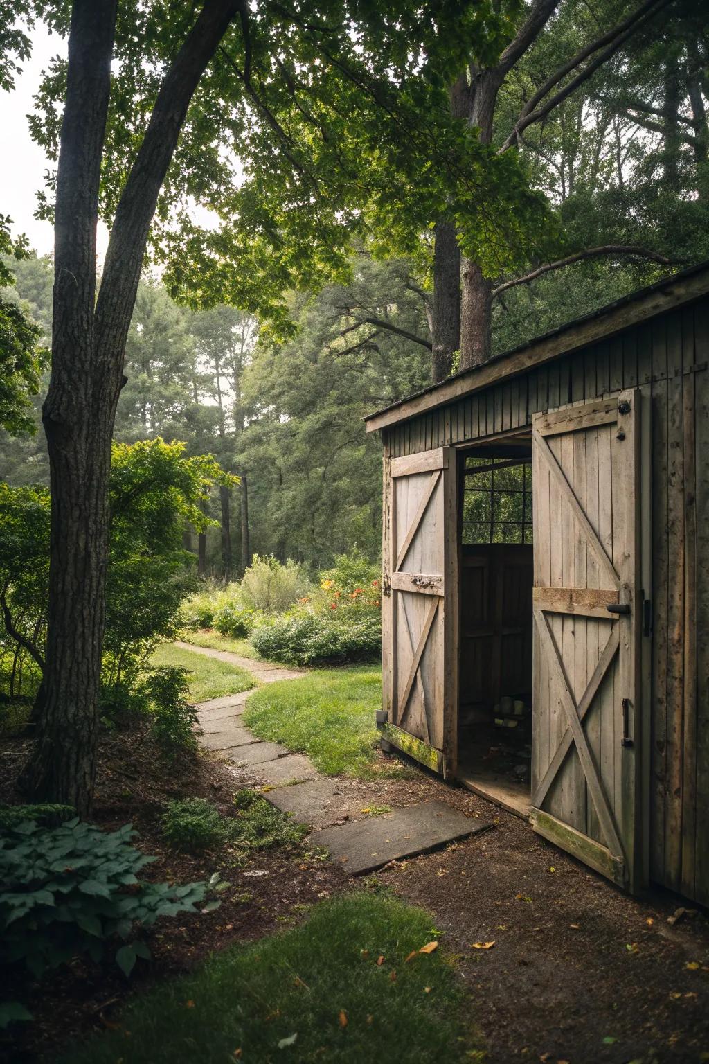 Charming sliding barn doors on a shed, offering rustic appeal.
