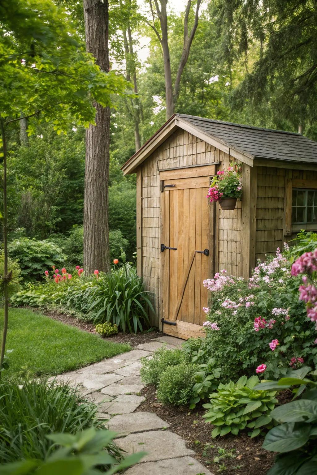 A natural wood finish on a shed door, exuding organic warmth.