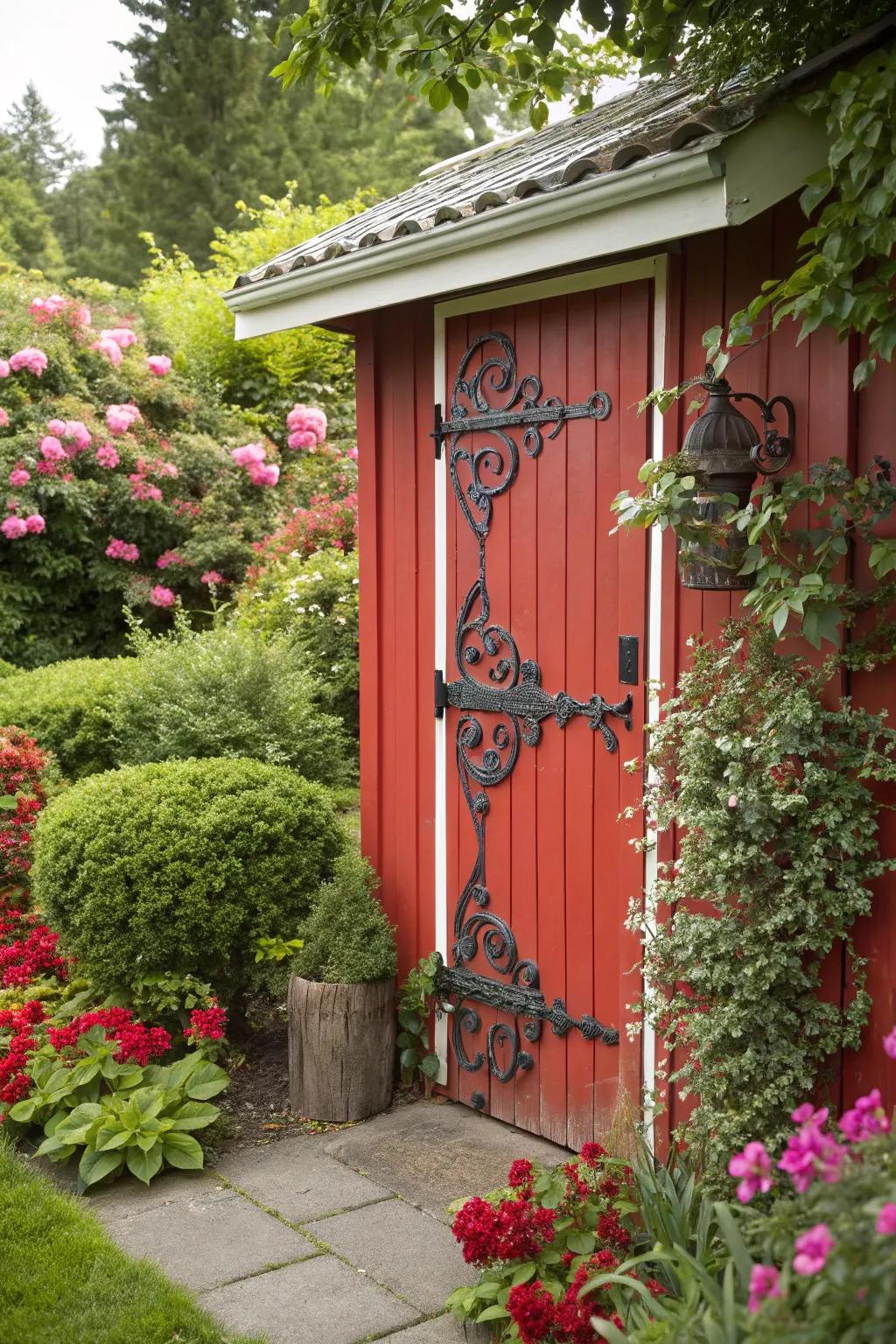Unique hardware accents on a shed door, adding character and style.