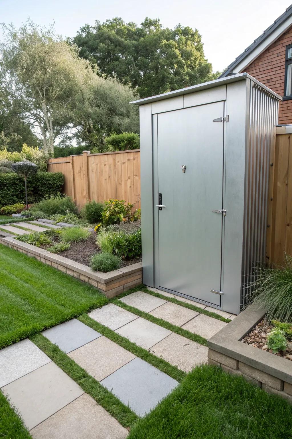 A sleek metal shed door, offering modern style and durability.