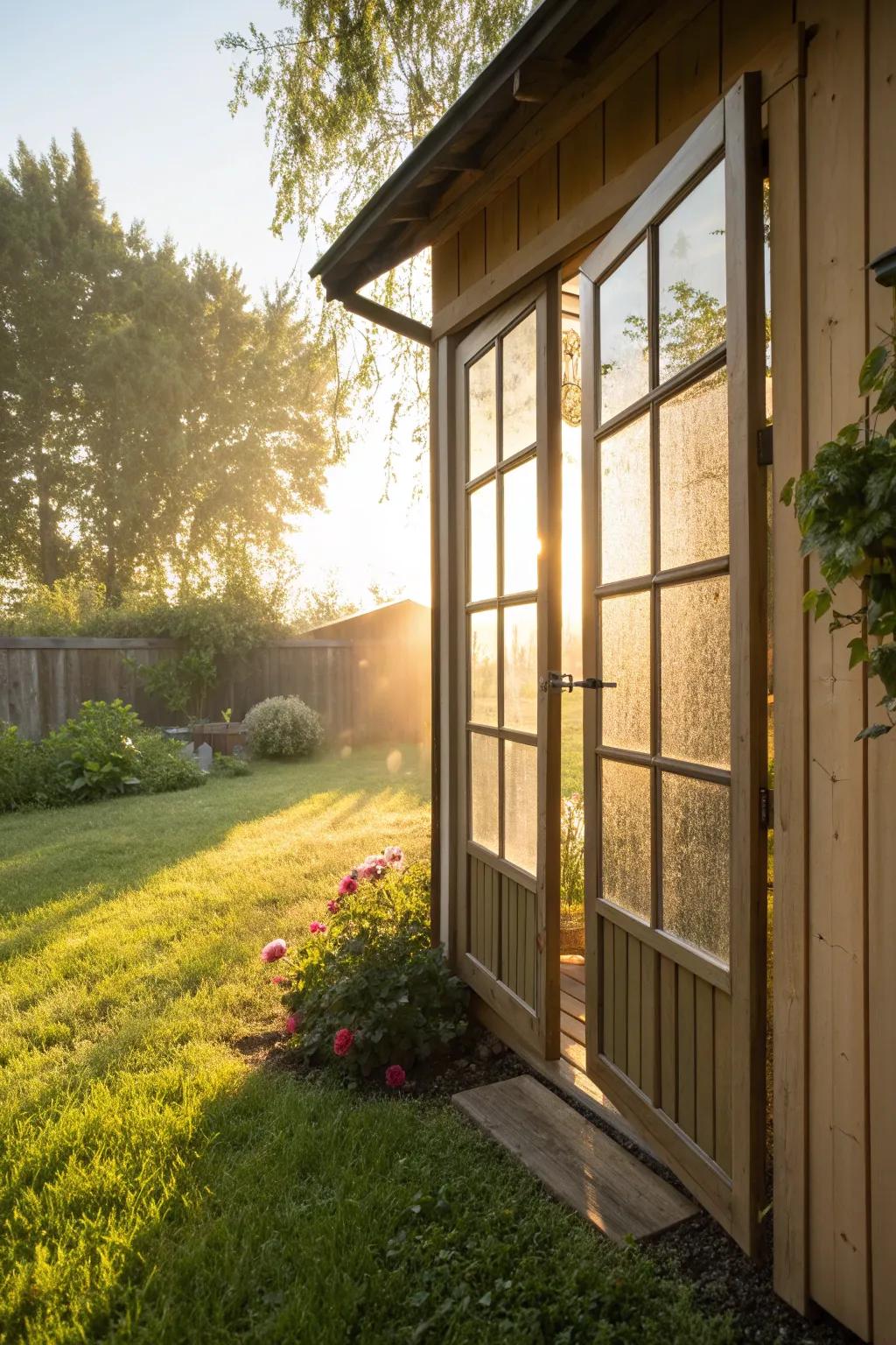 A shed door featuring large glass inserts, flooding the space with natural light.