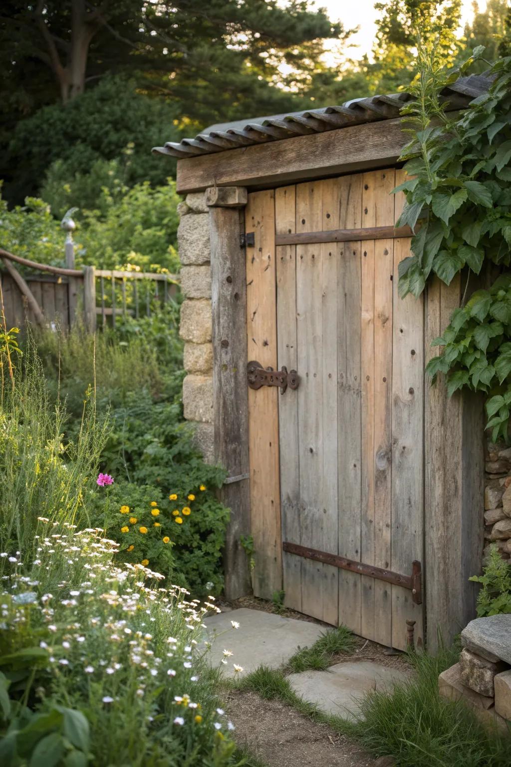 A charming reclaimed wood shed door, adding rustic appeal.