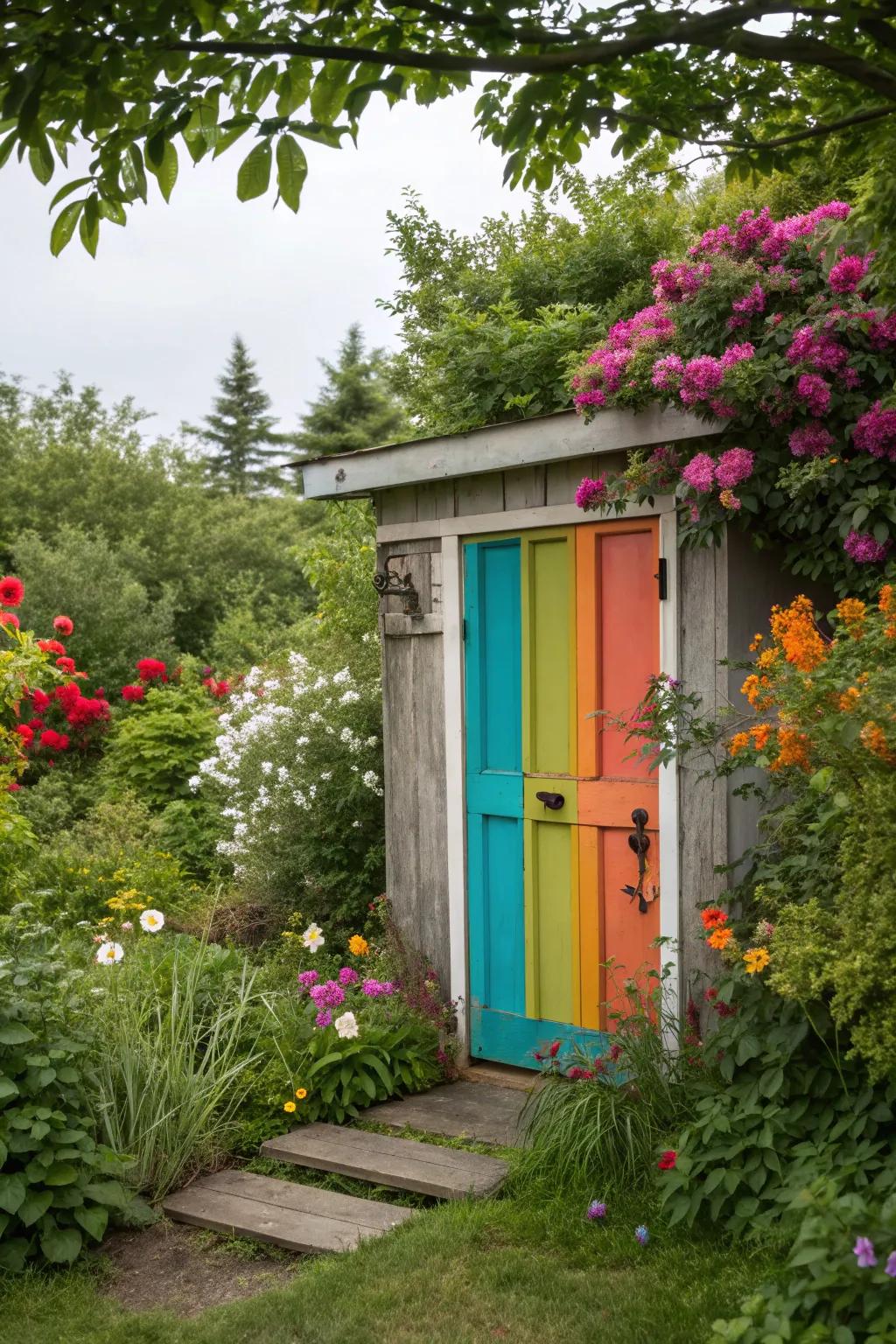 A lively, colorful shed door that stands out beautifully.
