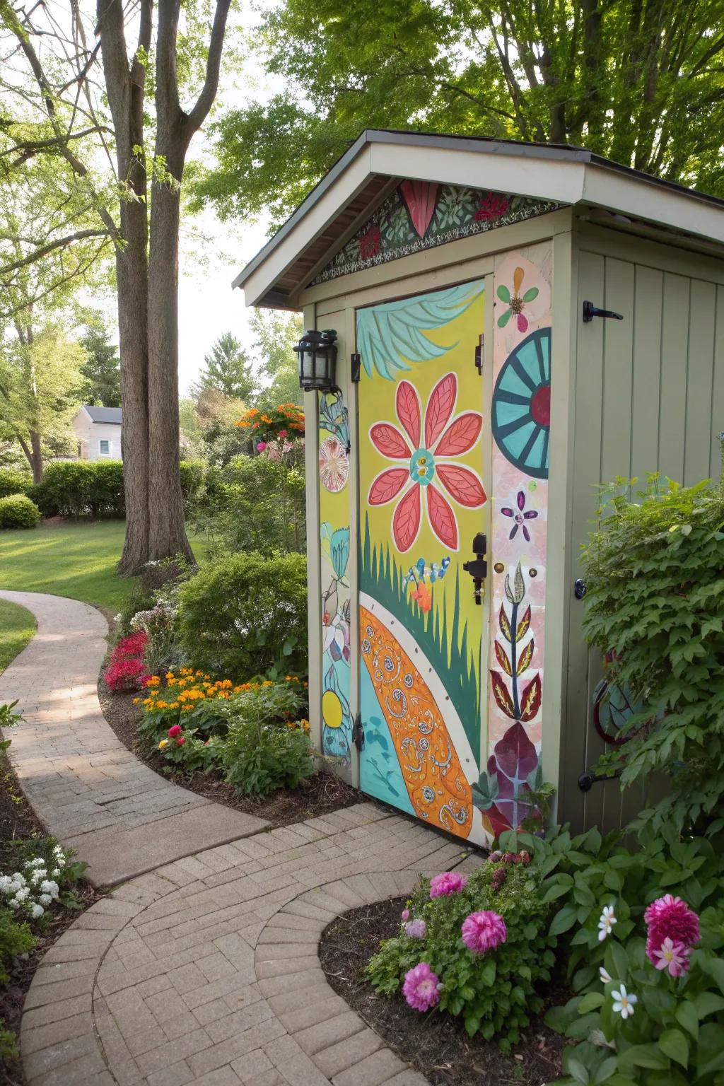 A stunning mural on a shed door, blending art with functionality.