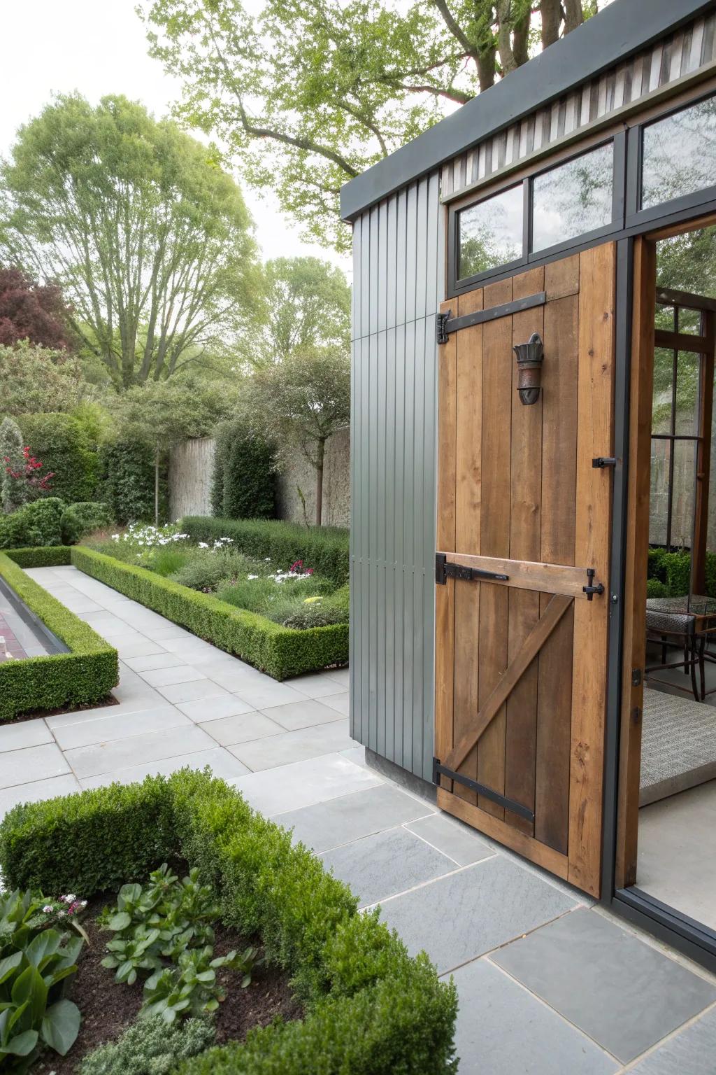 An industrial chic shed door, combining metal and wood for a stylish look.