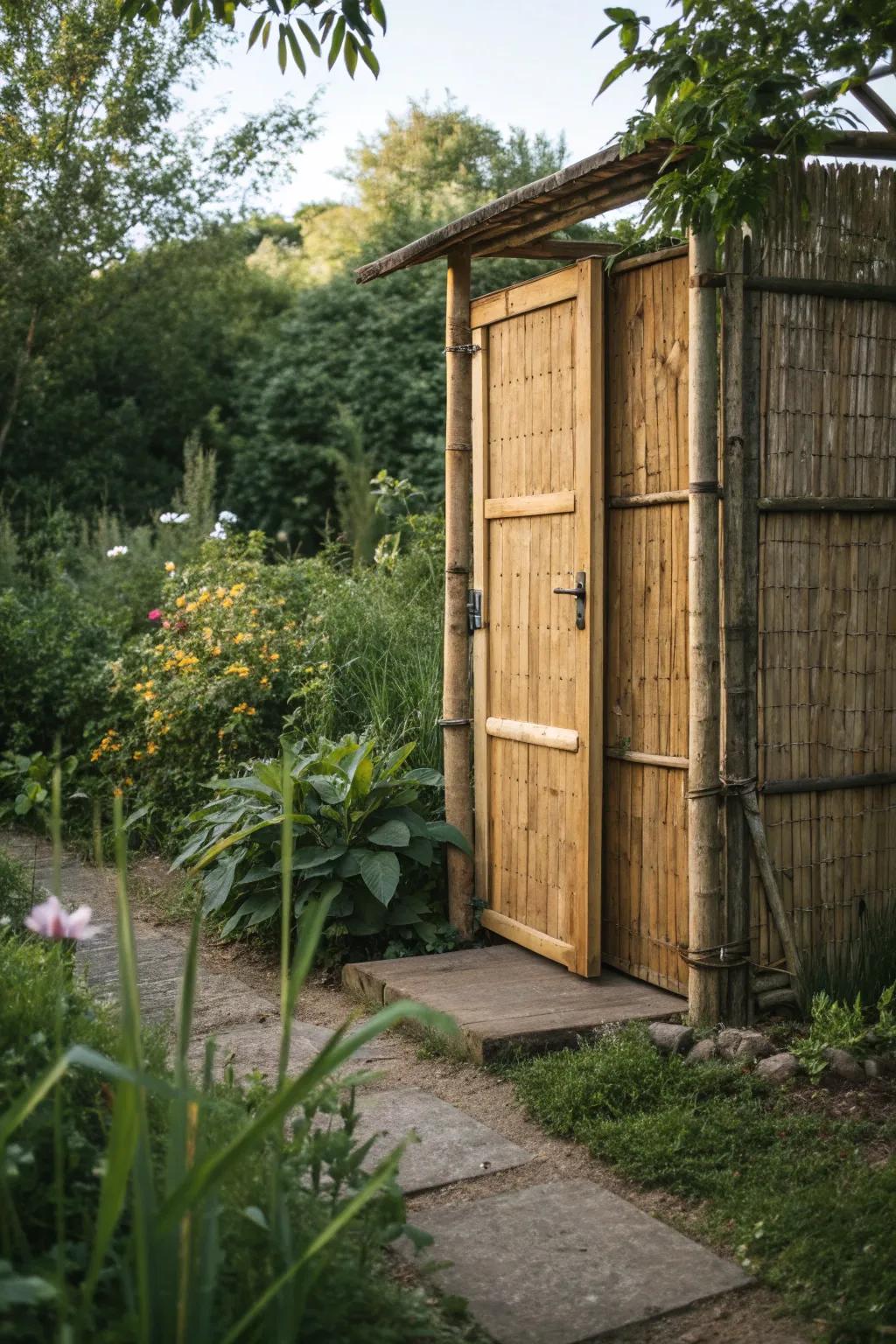 A sustainable bamboo shed door, blending style with eco-friendliness.