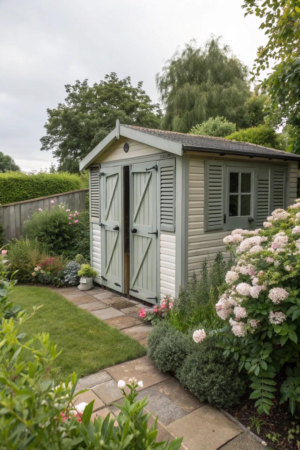 Charming shutter style doors on a shed, offering a cozy vibe.