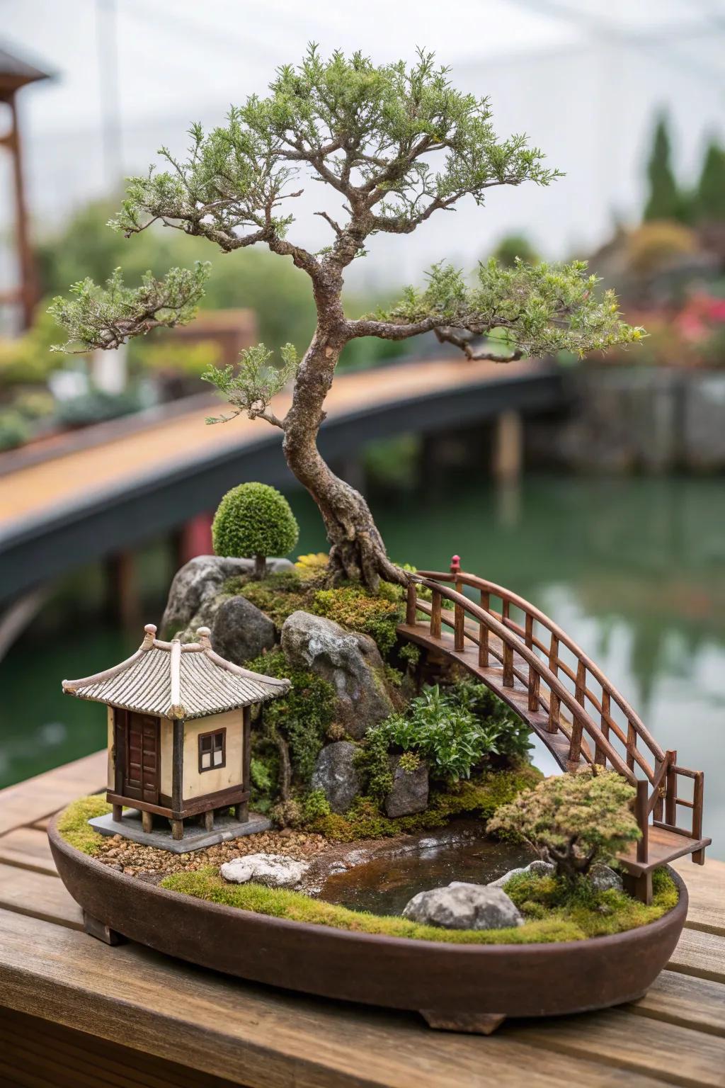 A charming bonsai landscape with a tiny house and bridge