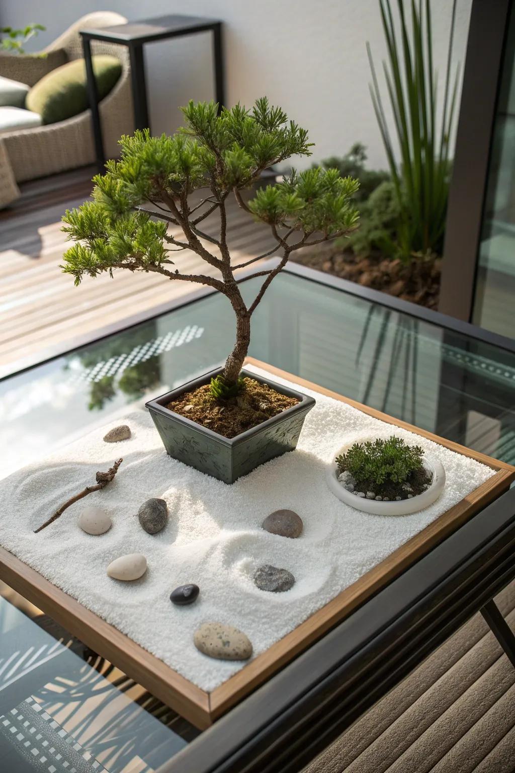 A tranquil indoor zen garden featuring a bonsai tree