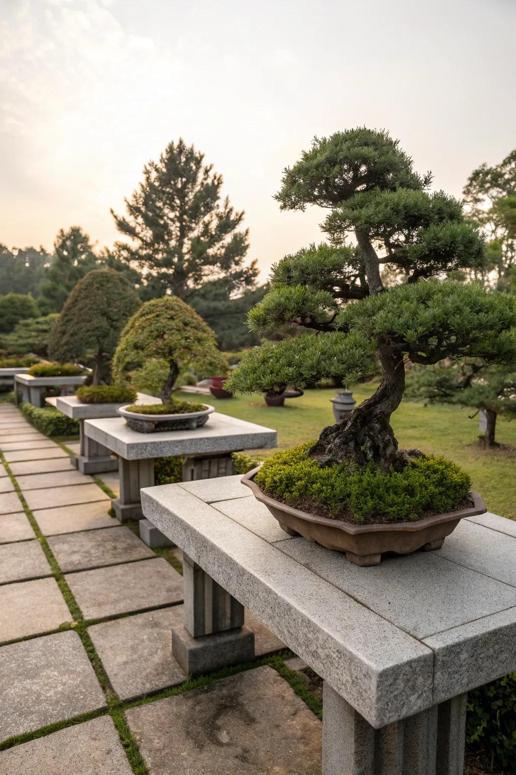 An outdoor oasis featuring a collection of bonsai trees